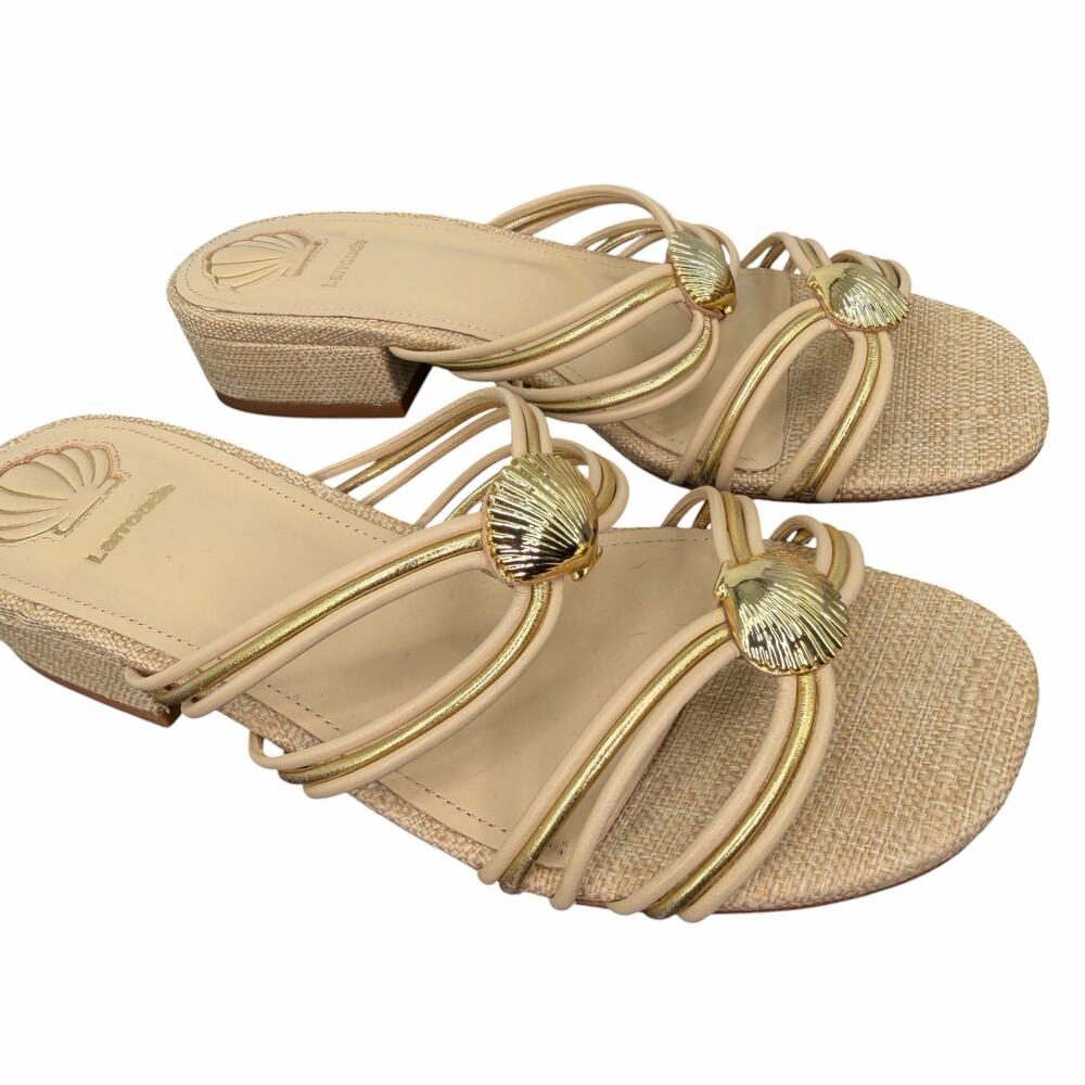 Larroudé Shelly Mule Sandal Strappy Leather Beige Gold Seashell Accent Size 7 - Picture 10 of 16